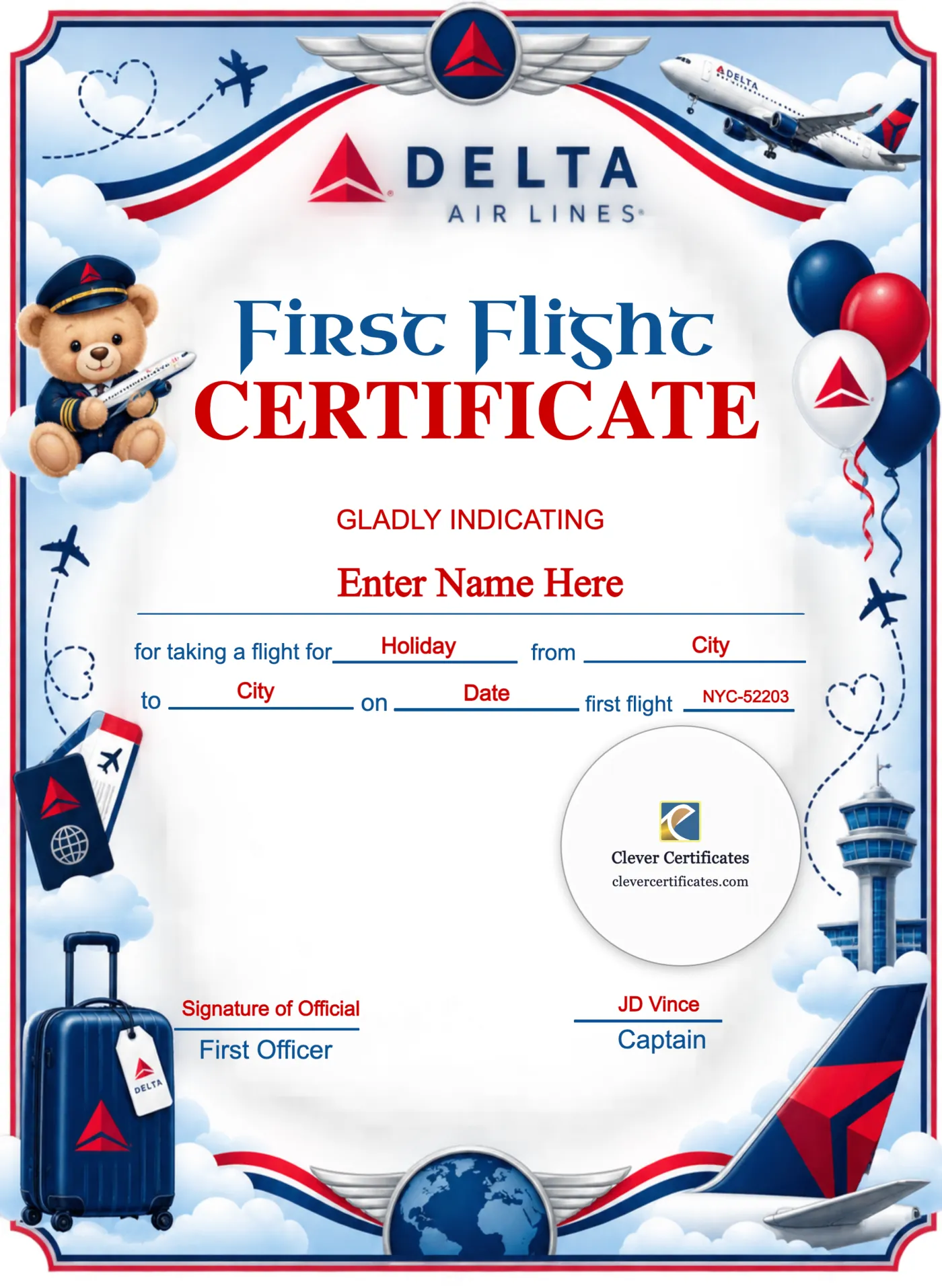 Delta Airlines Baby First Flight Certificate Portrait — Certificate Template Preview