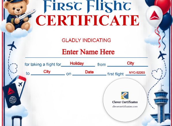 Delta Airlines Baby First Flight Certificate Portrait — Certificate Template Preview