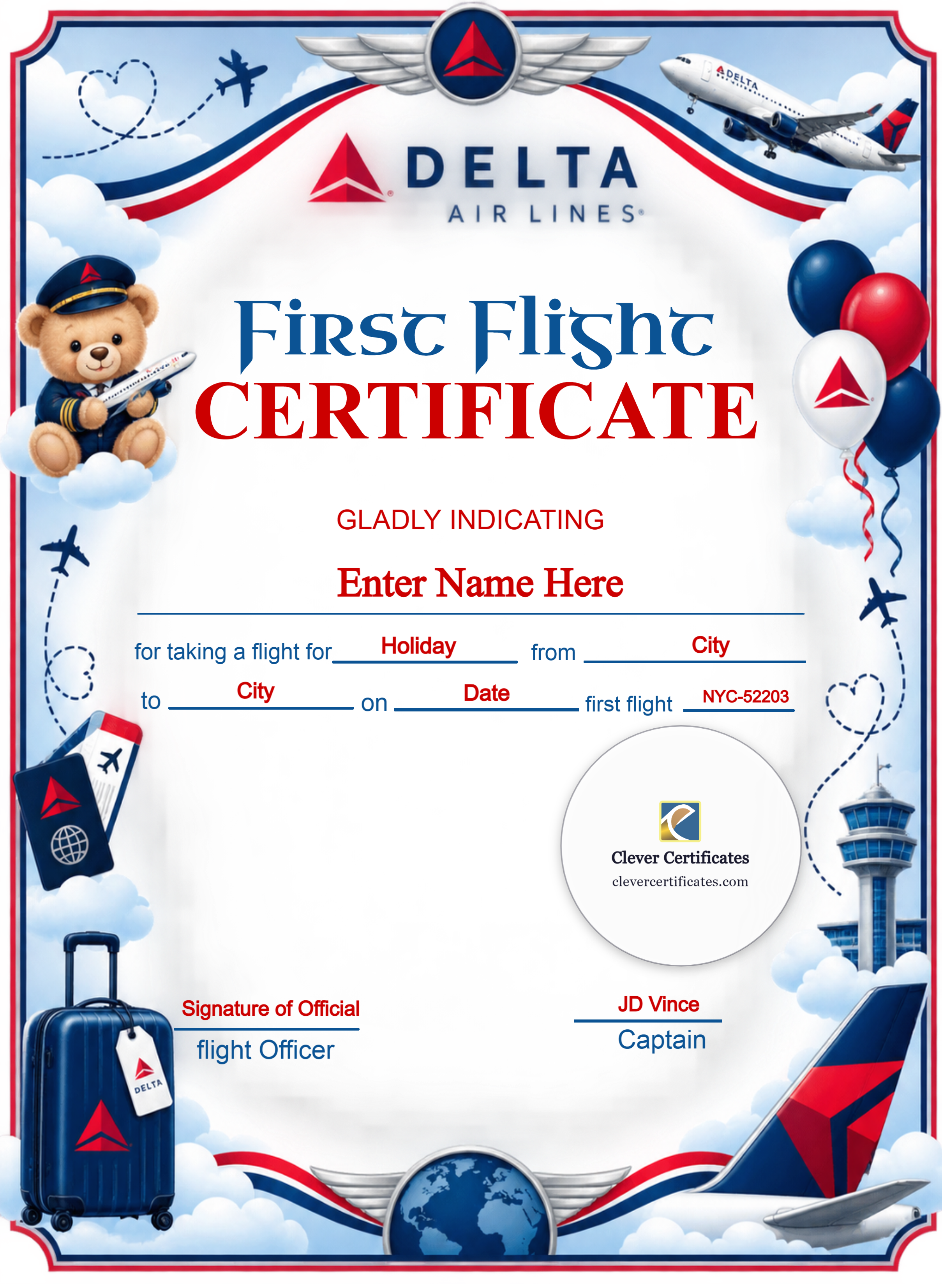 Delta Airlines Baby First Flight Certificate Portrait — Certificate Template Preview