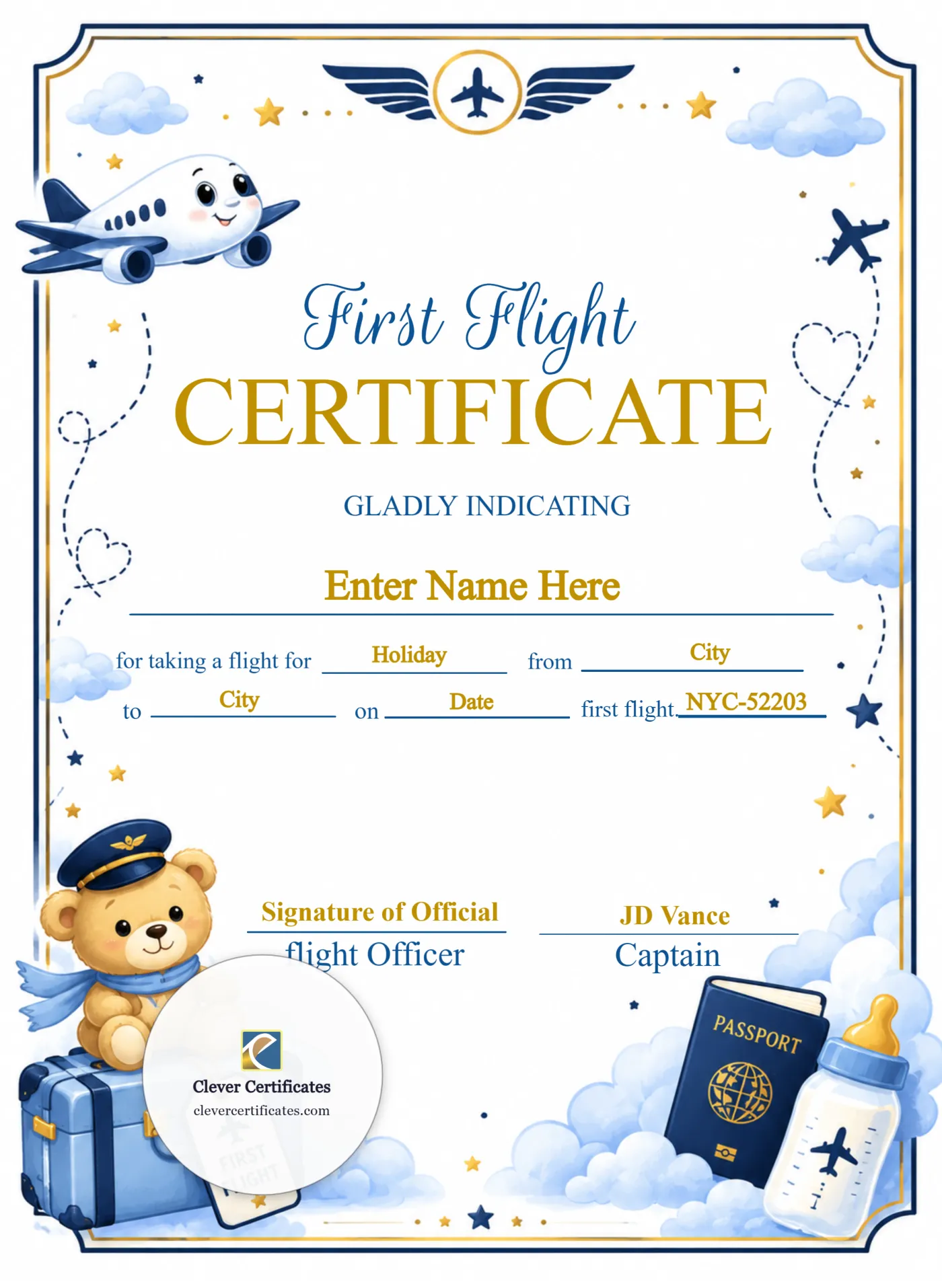 Infant First Flight Certificate Portrait Classic — Certificate Template Preview