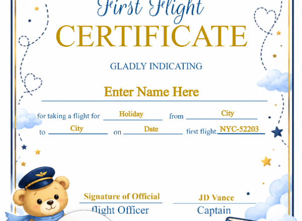 Infant First Flight Certificate Portrait — Certificate Template Preview
