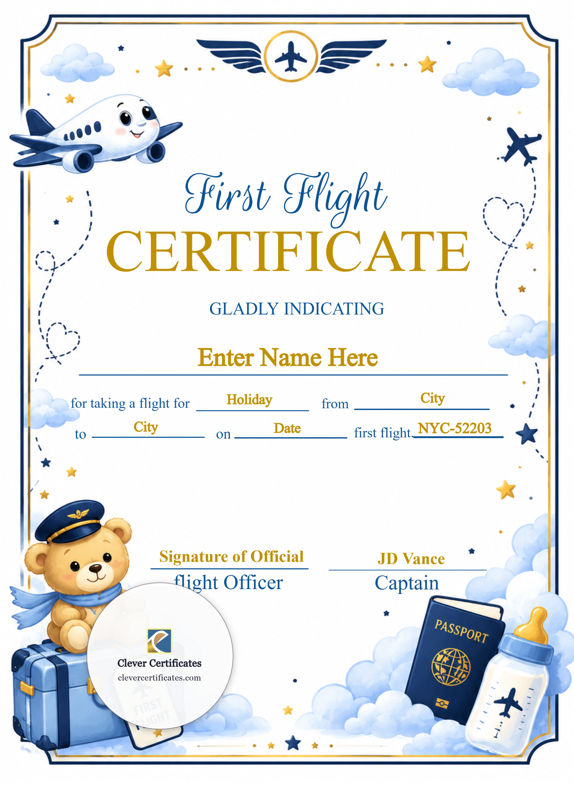Infant First Flight Certificate Portrait — Certificate Template Preview