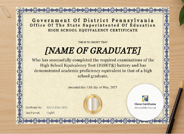 Professional preview of Pennsylvania HiSET Landscape certificate on high-quality stationery paper, ideal for showcasing the final look.