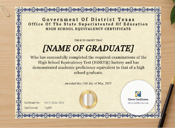Professional preview of Texas HiSET Landscape certificate on high-quality stationery paper, ideal for showcasing the final look.