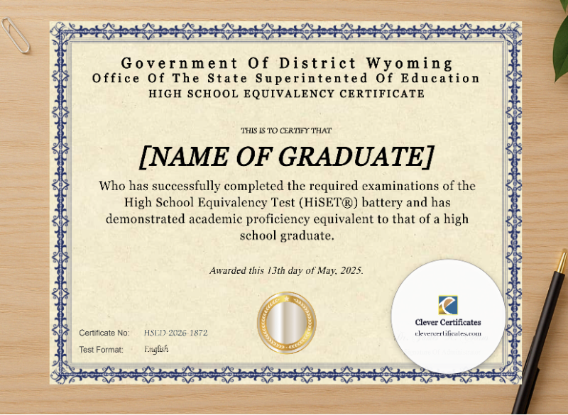 Professional preview of Wyoming HiSET Landscape certificate on high-quality stationery paper, ideal for showcasing the final look.