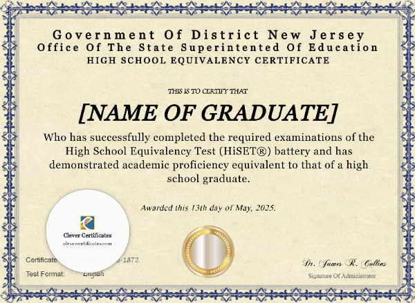 New Jersey HiSET Certificate