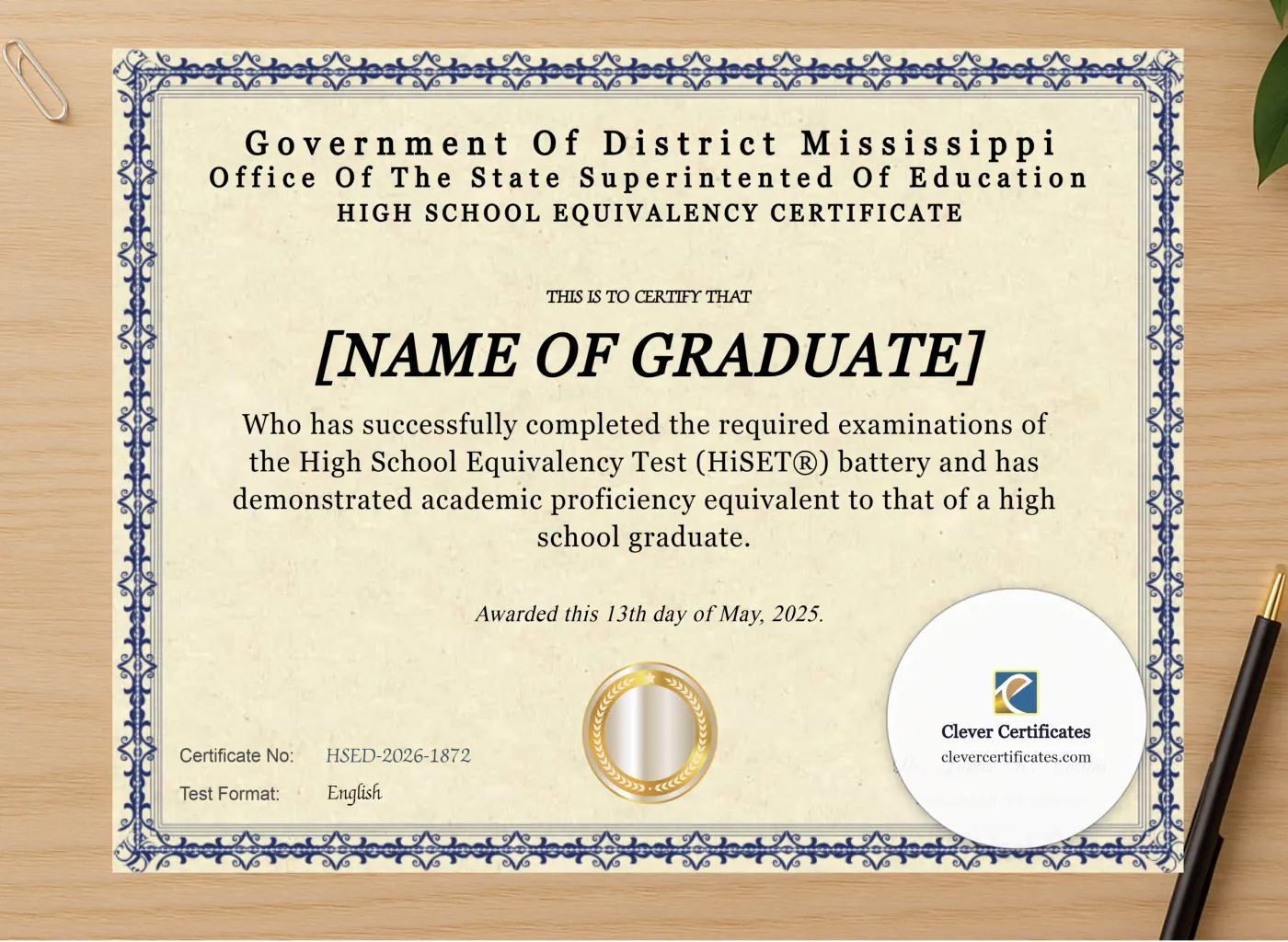 Professional preview of Mississippi HiSET Landscape certificate on high-quality stationery paper, ideal for showcasing the final look.