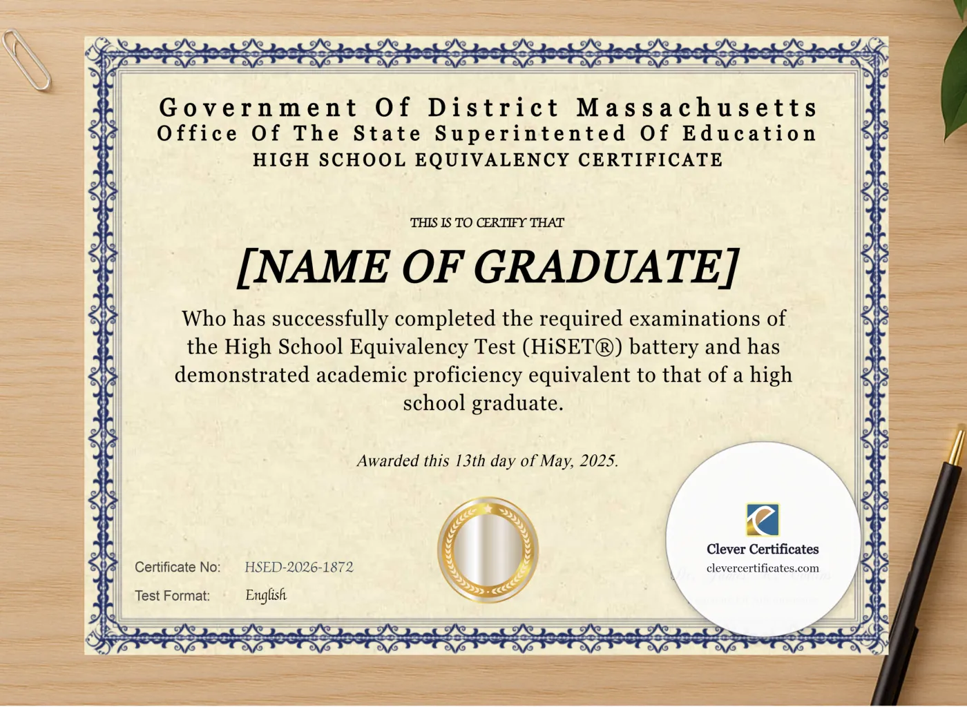 Professional preview of Massachusetts HiSET Landscape certificate on high-quality stationery paper, ideal for showcasing the final look.
