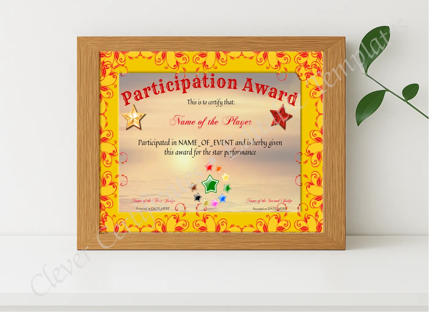 Realistic mockup featuring Participation Award displayed within a modern frame, set against a minimalistic background.