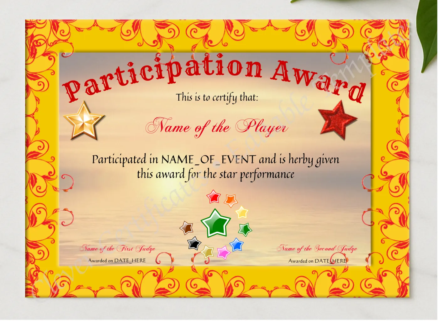 Participation Award presented in a sleek wooden frame, elegantly arranged on a stylish table.