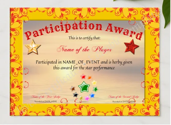 Participation Award presented in a sleek wooden frame, elegantly arranged on a stylish table.