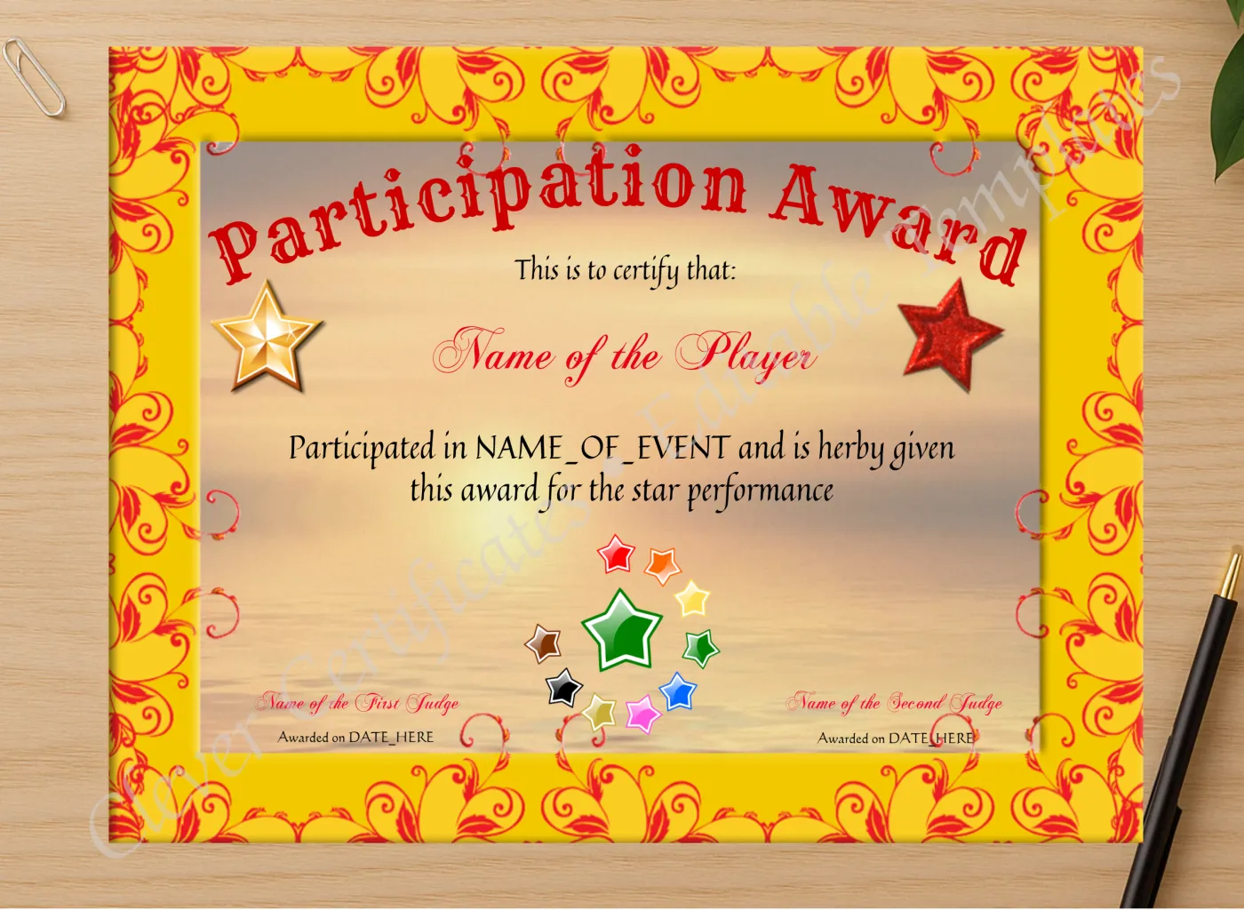 Professional preview of Participation Award certificate on high-quality stationery paper, ideal for showcasing the final look.