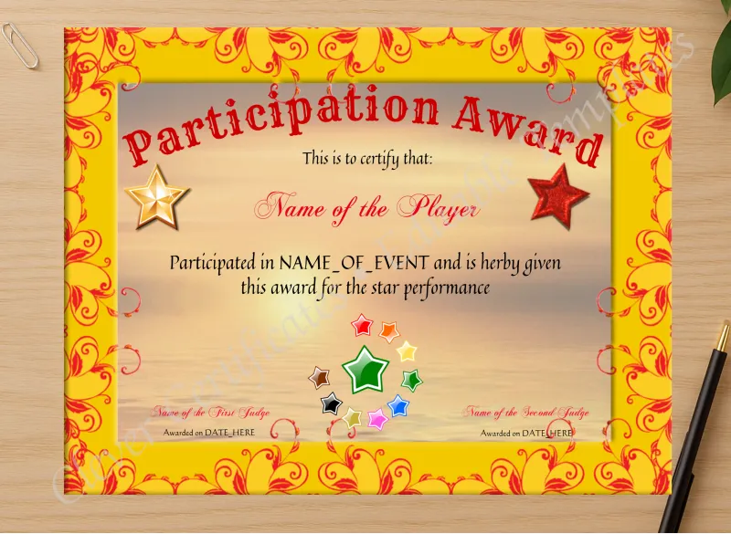 Professional preview of Participation Award certificate on high-quality stationery paper, ideal for showcasing the final look.