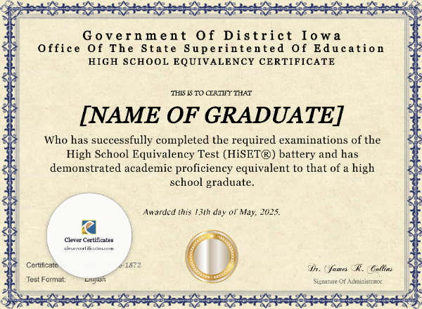 Iowa HiSET Certificate