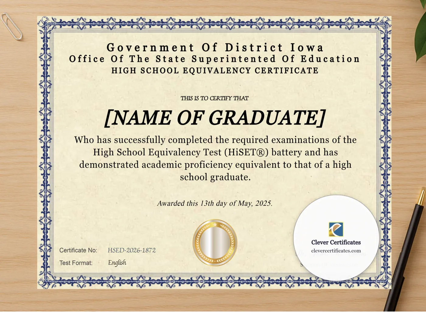 Professional preview of Iowa HiSET Landscape certificate on high-quality stationery paper, ideal for showcasing the final look.