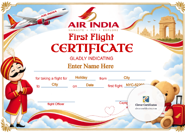 Air India Baby First Flight Certificate — Landscape