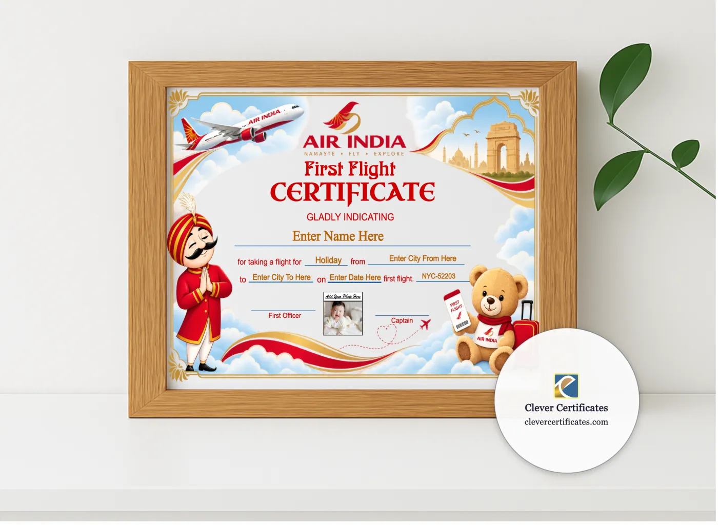 Realistic mockup featuring Air India Baby First Flight Certificate Landscape displayed within a modern frame, set against a minimalistic background.