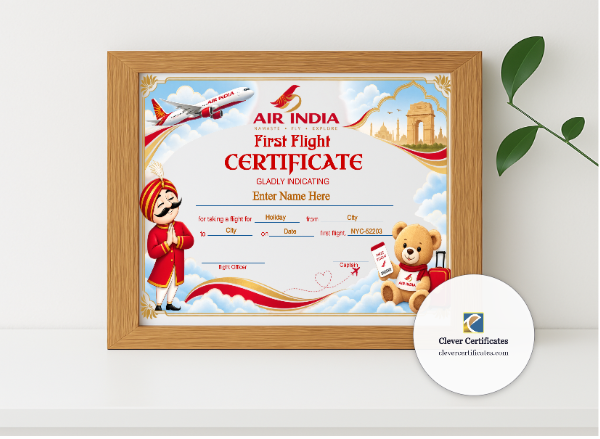 Realistic mockup featuring Air India Baby First Flight Certificate Landscape displayed within a modern frame, set against a minimalistic background.