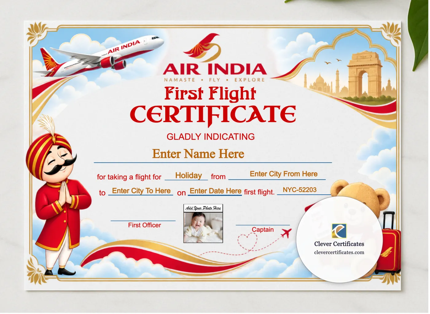 Air India Baby First Flight Certificate Landscape presented in a sleek wooden frame, elegantly arranged on a stylish table.