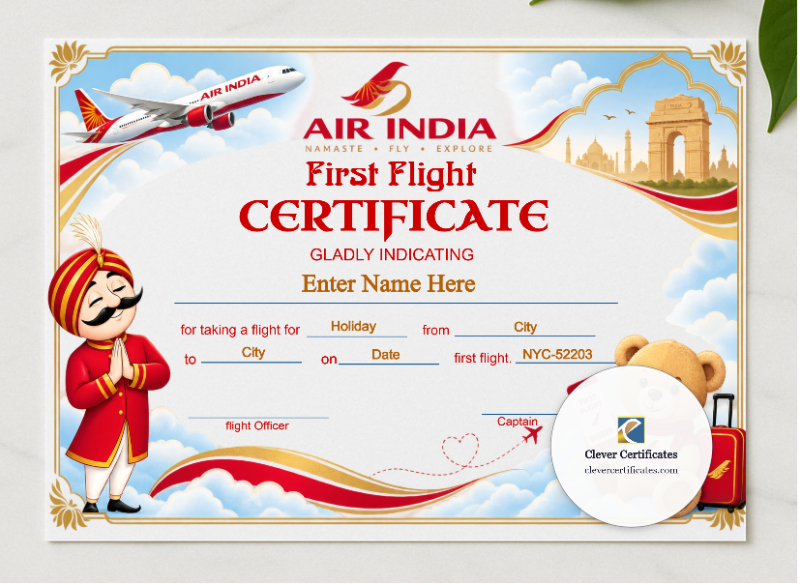 Air India Baby First Flight Certificate Landscape presented in a sleek wooden frame, elegantly arranged on a stylish table.