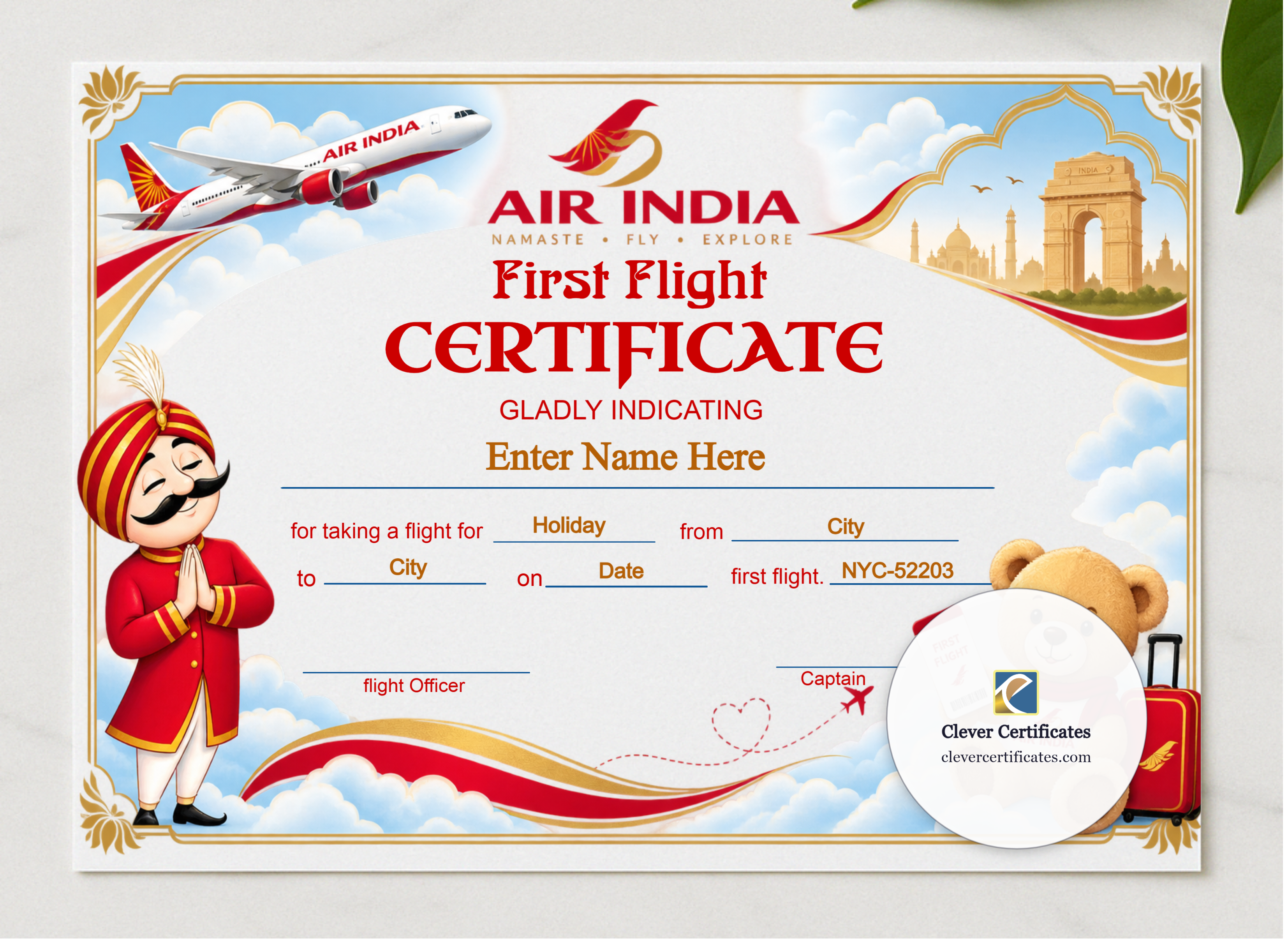 Air India Baby First Flight Certificate Landscape presented in a sleek wooden frame, elegantly arranged on a stylish table.