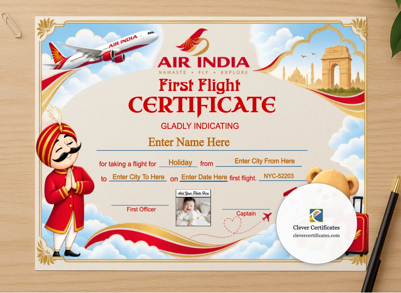 Professional preview of Air India Baby First Flight Certificate Landscape certificate on high-quality stationery paper, ideal for showcasing the final look.