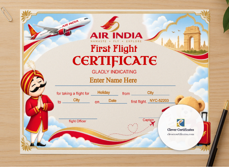 Professional preview of Air India Baby First Flight Certificate Landscape certificate on high-quality stationery paper, ideal for showcasing the final look.