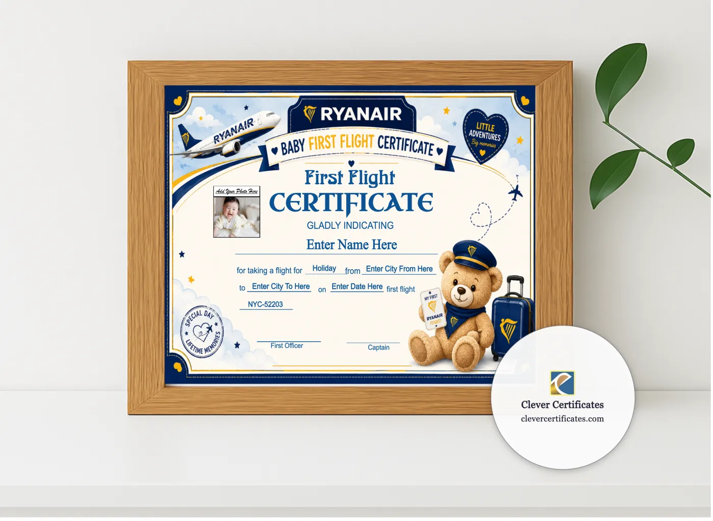 Realistic mockup featuring Ryanair Baby First Flight Certificate Landscape displayed within a modern frame, set against a minimalistic background.