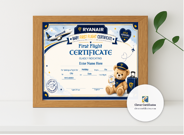 Realistic mockup featuring Ryanair Baby First Flight Certificate Landscape displayed within a modern frame, set against a minimalistic background.