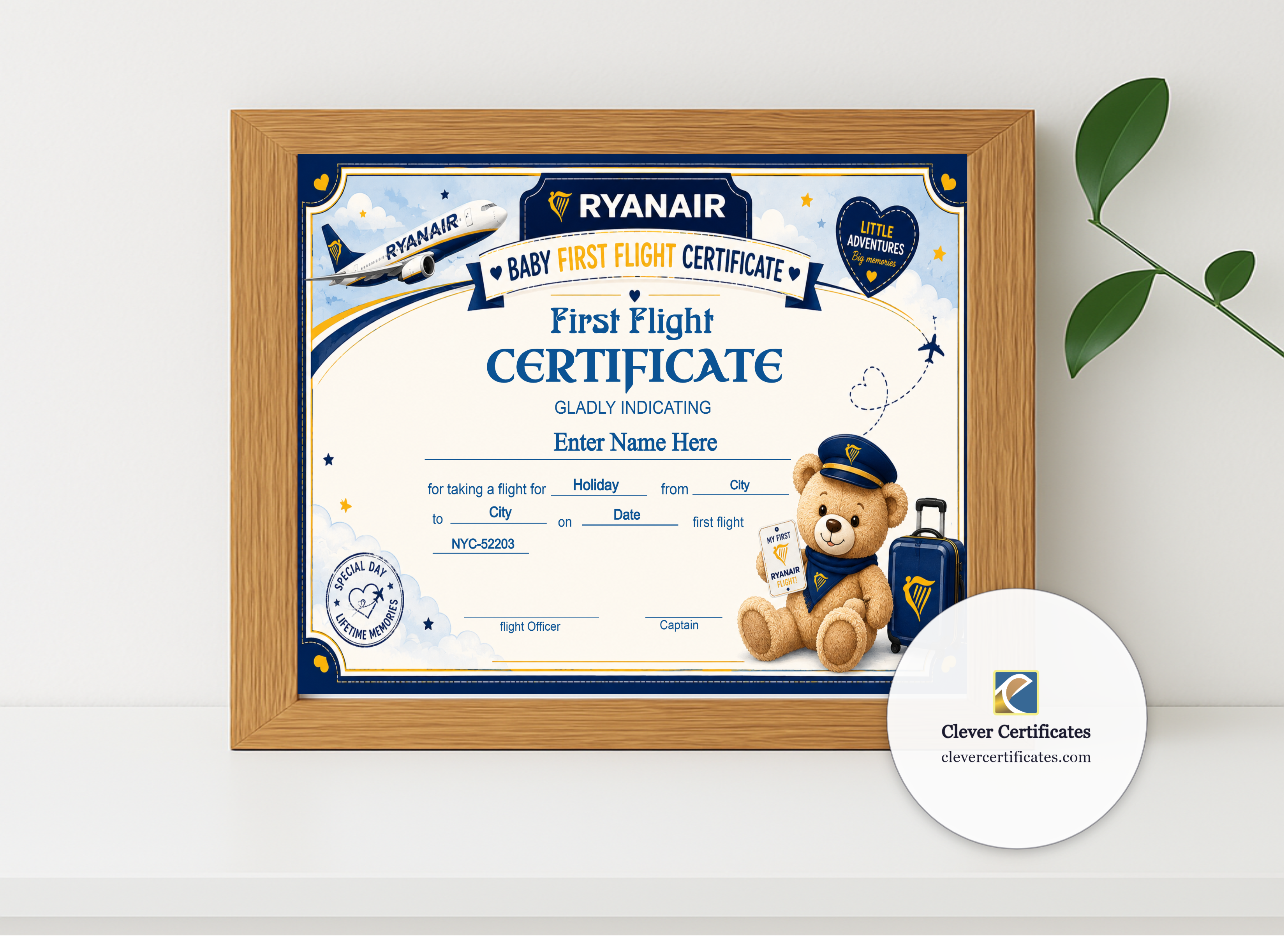 Realistic mockup featuring Ryanair Baby First Flight Certificate Landscape displayed within a modern frame, set against a minimalistic background.