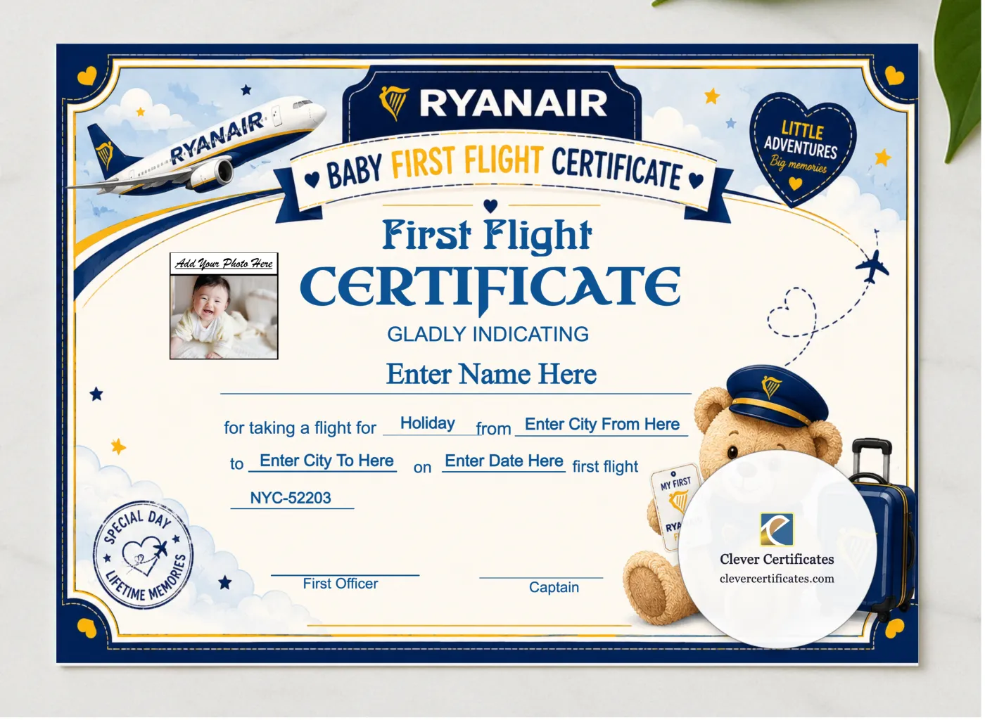 Ryanair Baby First Flight Certificate Landscape presented in a sleek wooden frame, elegantly arranged on a stylish table.