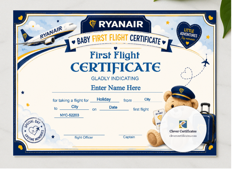 Ryanair Baby First Flight Certificate Landscape presented in a sleek wooden frame, elegantly arranged on a stylish table.