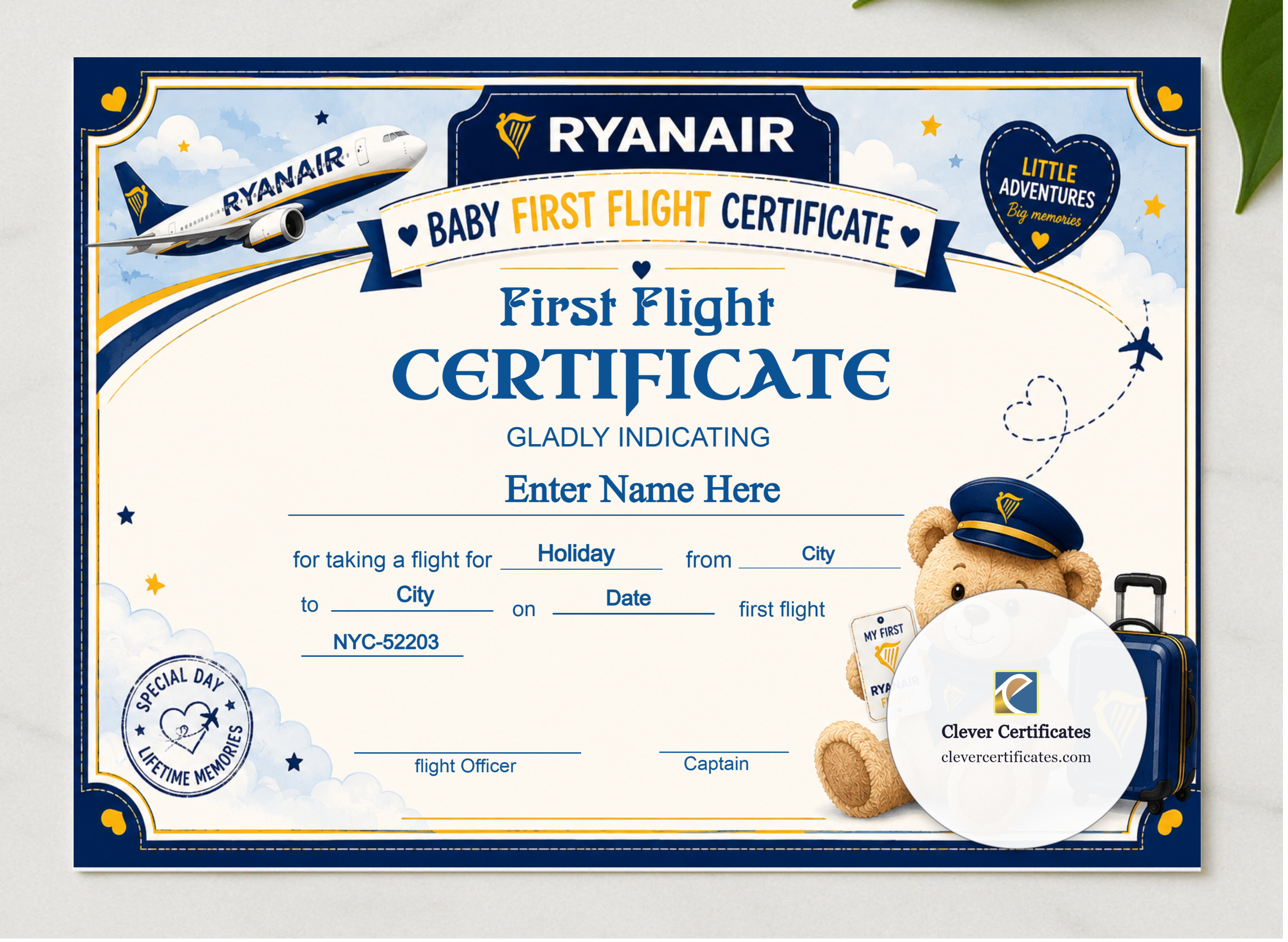 Ryanair Baby First Flight Certificate Landscape presented in a sleek wooden frame, elegantly arranged on a stylish table.