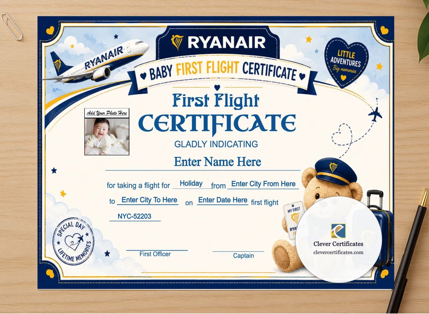 Professional preview of Ryanair Baby First Flight Certificate Landscape certificate on high-quality stationery paper, ideal for showcasing the final look.