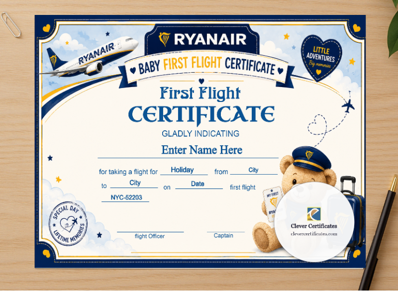 Professional preview of Ryanair Baby First Flight Certificate Landscape certificate on high-quality stationery paper, ideal for showcasing the final look.