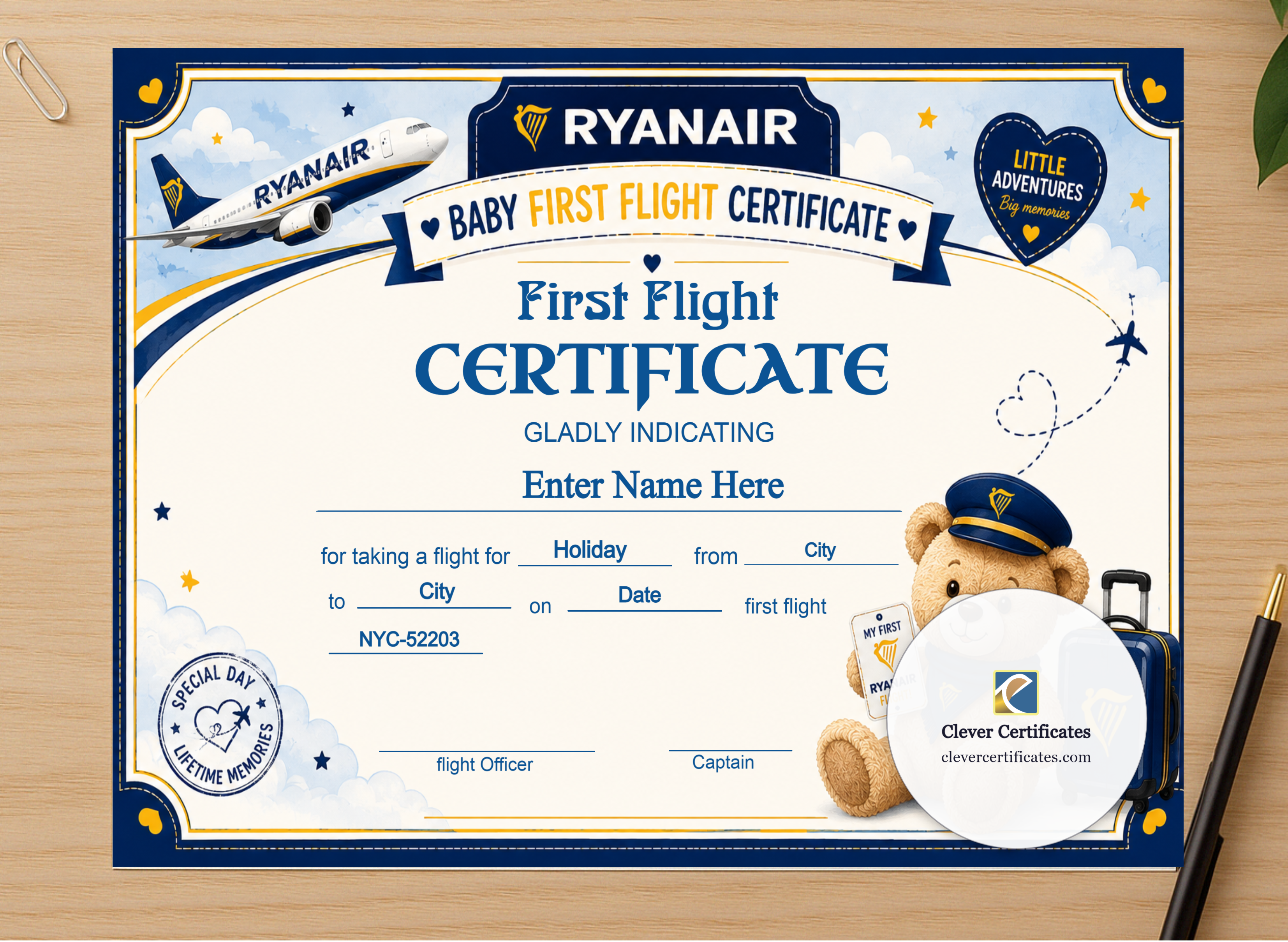 Professional preview of Ryanair Baby First Flight Certificate Landscape certificate on high-quality stationery paper, ideal for showcasing the final look.