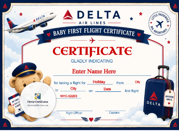 Delta Airlines Baby First Flight Certificate — Landscape