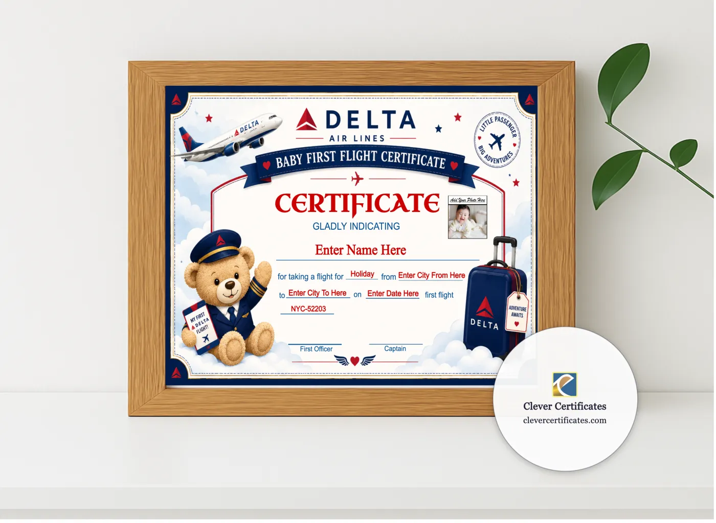 Realistic mockup featuring Delta Airlines Baby First Flight Certificate Landscape displayed within a modern frame, set against a minimalistic background.