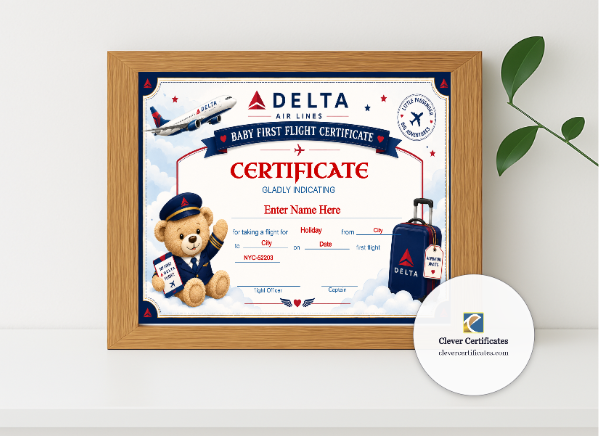 Realistic mockup featuring Delta Airlines Baby First Flight Certificate Landscape displayed within a modern frame, set against a minimalistic background.
