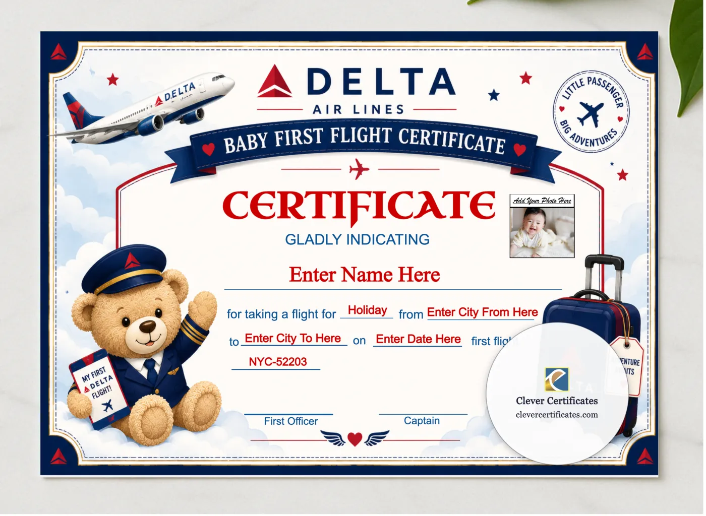 Delta Airlines Baby First Flight Certificate Landscape presented in a sleek wooden frame, elegantly arranged on a stylish table.