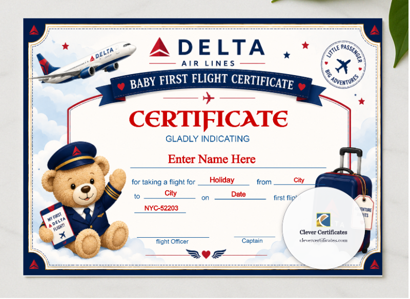 Delta Airlines Baby First Flight Certificate Landscape presented in a sleek wooden frame, elegantly arranged on a stylish table.