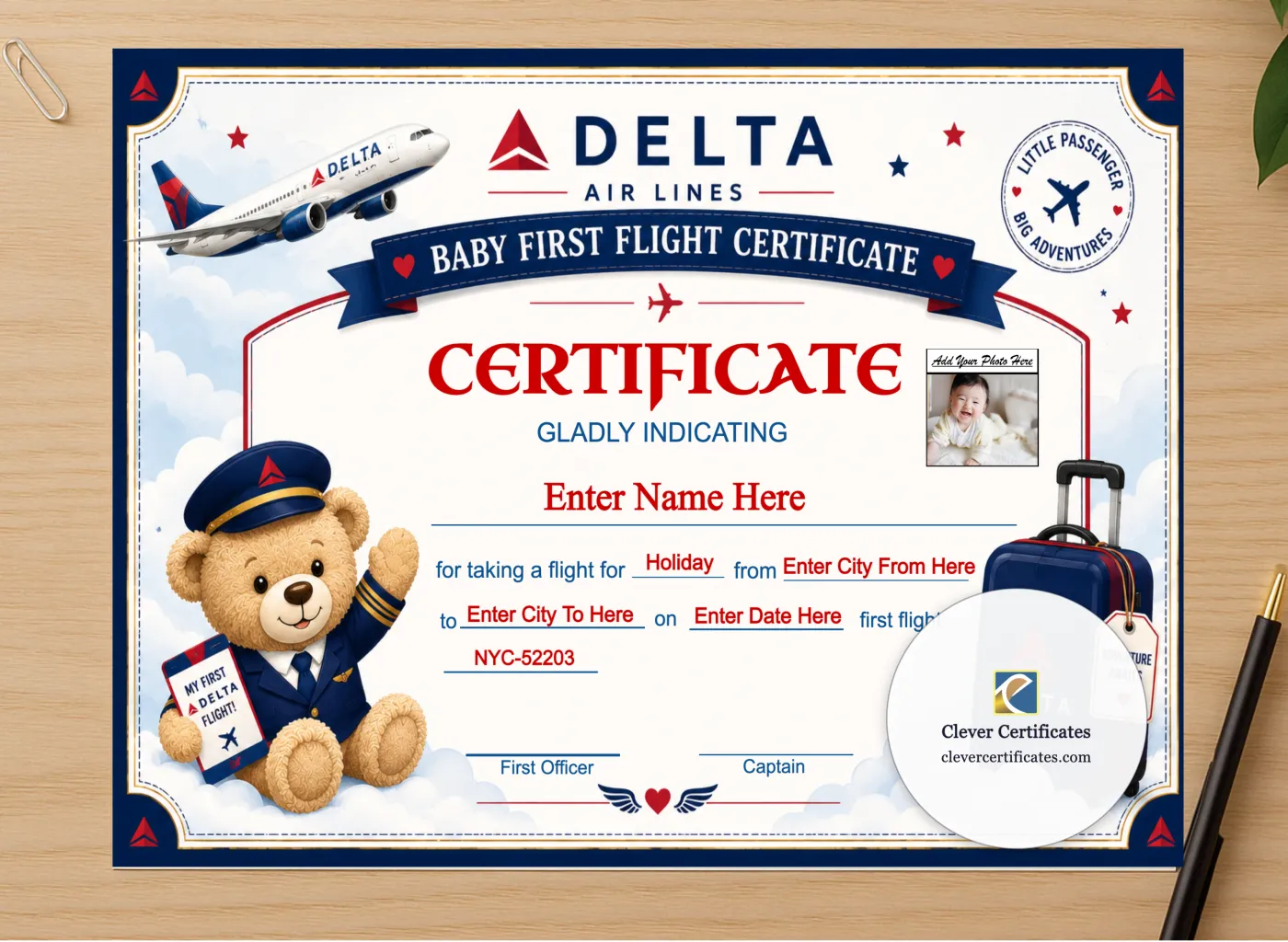 Professional preview of Delta Airlines Baby First Flight Certificate Landscape certificate on high-quality stationery paper, ideal for showcasing the final look.