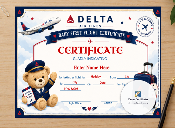 Professional preview of Delta Airlines Baby First Flight Certificate Landscape certificate on high-quality stationery paper, ideal for showcasing the final look.