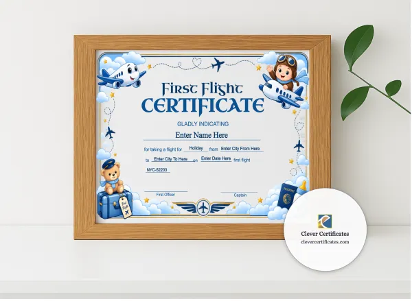Realistic mockup featuring Spirit Airlines Baby First Flight Certificate Landscape displayed within a modern frame, set against a minimalistic background.