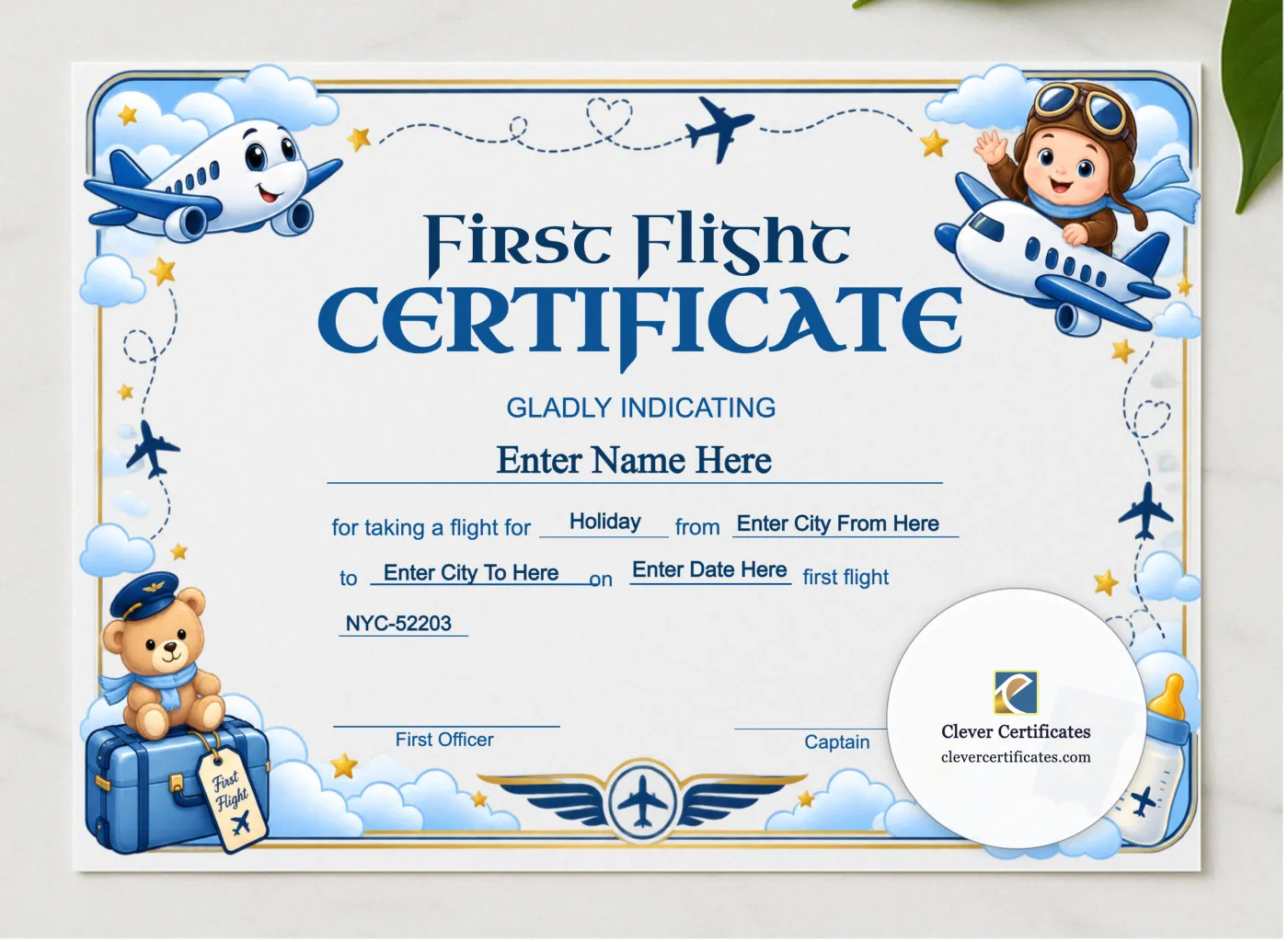 Spirit Airlines Baby First Flight Certificate Landscape presented in a sleek wooden frame, elegantly arranged on a stylish table.