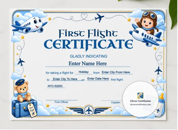 Spirit Airlines Baby First Flight Certificate Landscape presented in a sleek wooden frame, elegantly arranged on a stylish table.