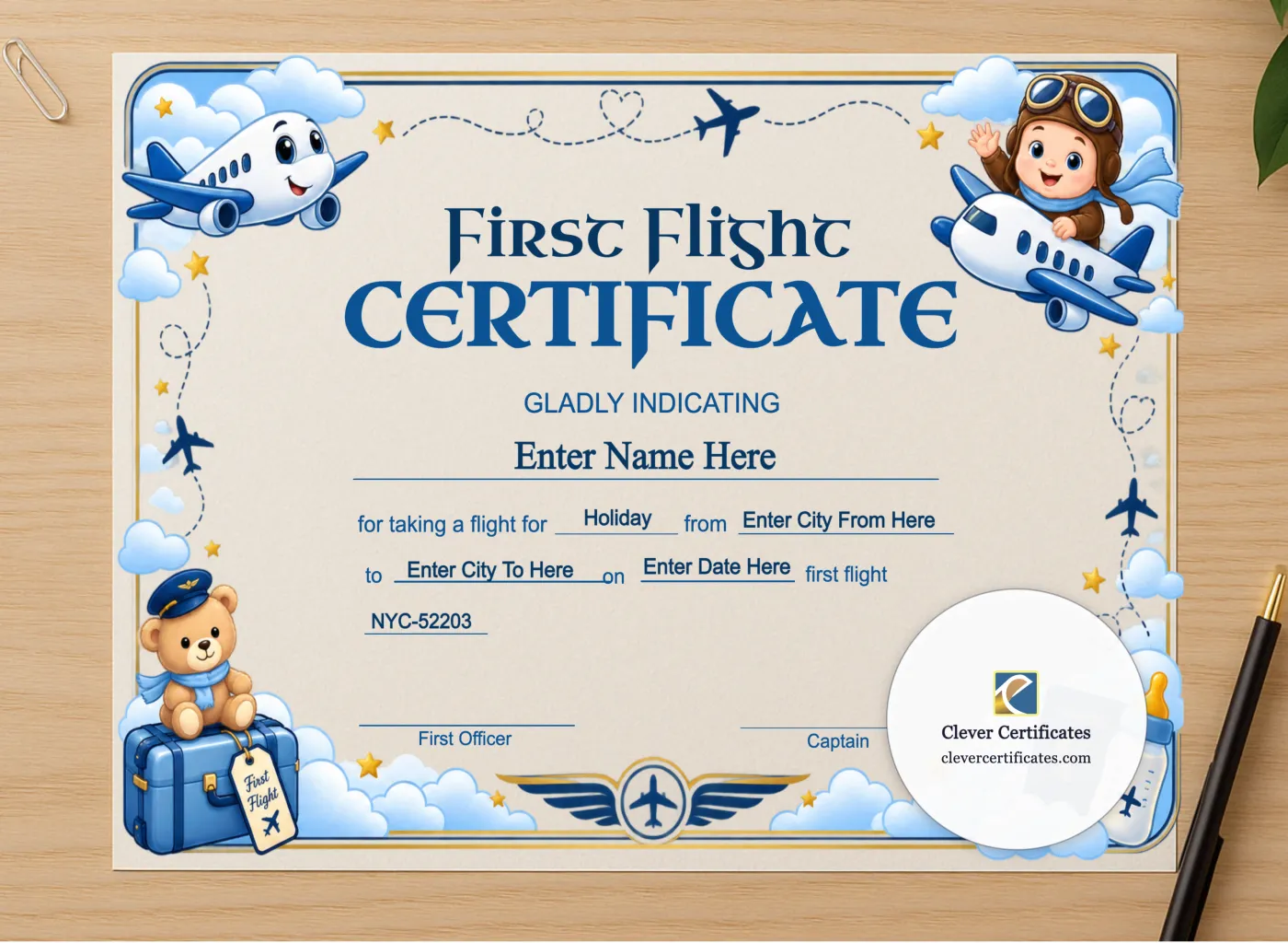 Professional preview of Spirit Airlines Baby First Flight Certificate Landscape certificate on high-quality stationery paper, ideal for showcasing the final look.