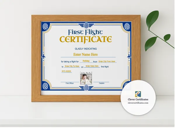 Realistic mockup featuring United Airlines Baby First Flight Certificate Landscape displayed within a modern frame, set against a minimalistic background.