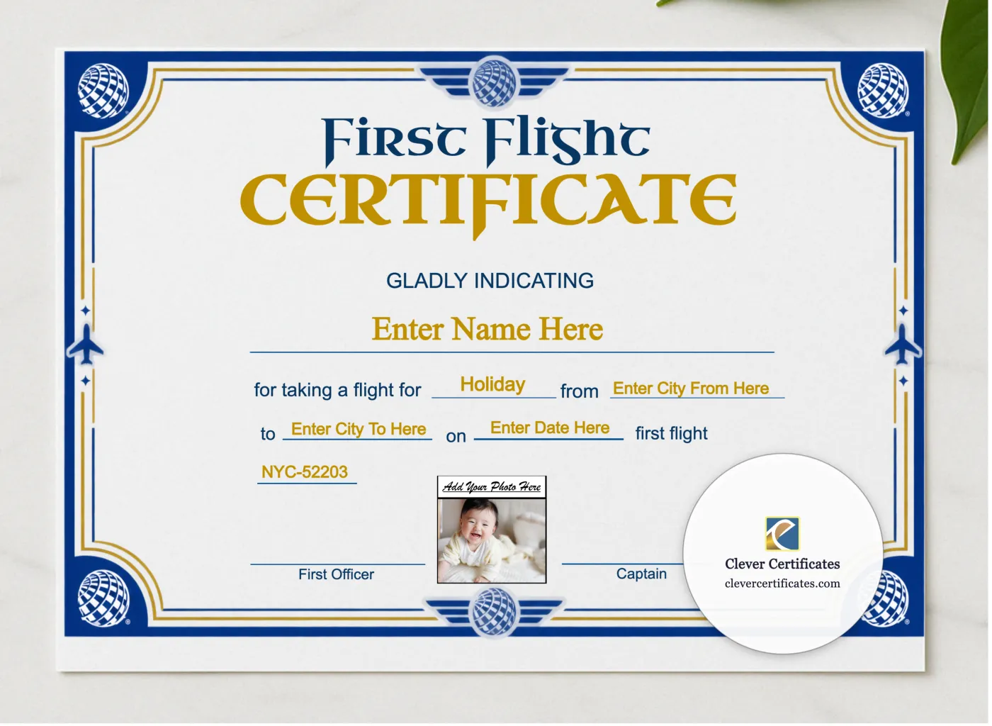 United Airlines Baby First Flight Certificate Landscape presented in a sleek wooden frame, elegantly arranged on a stylish table.