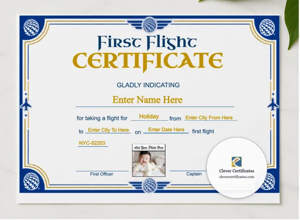 United Airlines Baby First Flight Certificate Landscape presented in a sleek wooden frame, elegantly arranged on a stylish table.